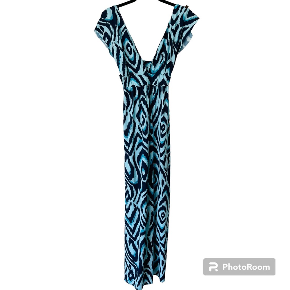 PILYQ Blue Ruffle Sleeve Ikat Zebra Print Maxi Dress Swim Cover Up Medium